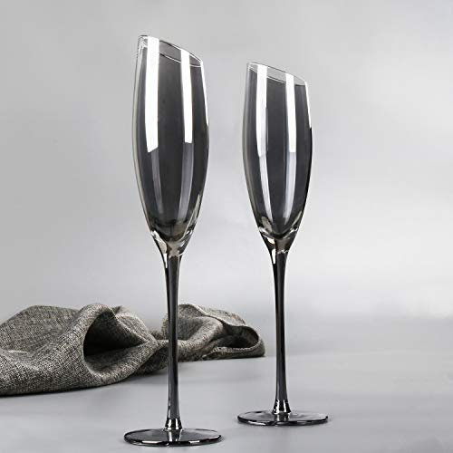 REAWOW Set di 2 calici da champagne in cristallo soffiato a mano, senza piombo, idea regalo per matrimonio, anniversario, Natale, elettroplaccato, grigio
