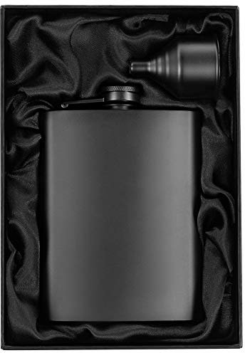 8oz Matte Black Flask + Black Funnel + Black Canvas Pouch. Plain Smooth Surface. Gift Idea Set, Exclusive Fancy Packaging. Alcohol Drinking Flasks For Liquor. Gift Under 20 Dollars. By Well-Deserved