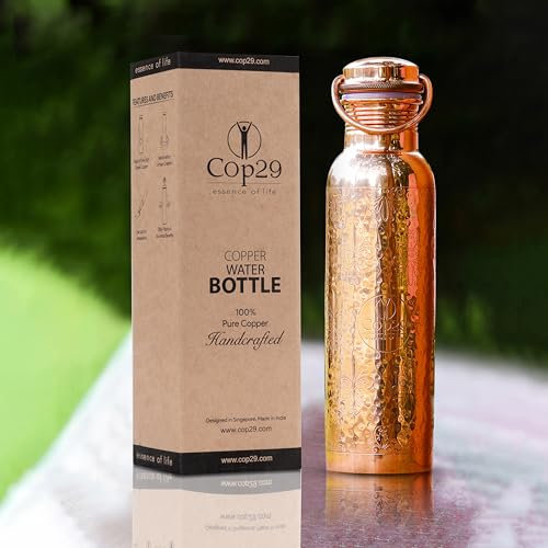Cop29 Dual Hammered + Hand Engraved Premium Design Pure Copper Mira Glossy Water Bottle with Handle, 900ml/30Oz