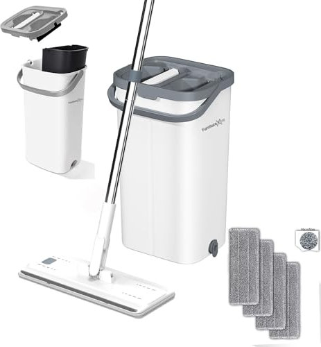 FurnitureXtra Set mocio e secchio, mocio piatto in microfibra per bagnato e asciutto, con manico in acciaio inox, secchio a doppia camera adatto per tutti i pavimenti