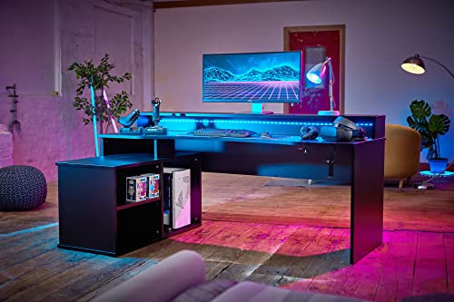 RestRelax - Alpha Gaming Desk: UK's #1 LED Light Gaming Desk, 200CM x 91CM x 125.5CM, Perfect L-Shaped Office Workstation