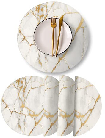 Runde Leder Tischsets, 4er-Set, PU, wasserdicht, rutschfest, waschbar, hitzebeständig, Tischset für Küchentisch, Esstisch, Marmor-Gold-Linie