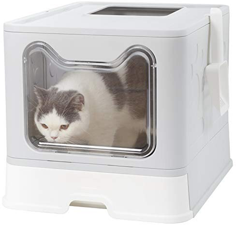 BingoPaw Cat Litter Tray Box: Foldable Top Entry Extra Large Cats Toilet with Lid - Hooded Kitten Litter Tray Easy Cleaning Drawer Design with Scoop Grey