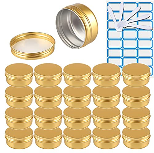 ZEOABSY 100 Pièces 50ml Pots en Aluminium Vide Rond Or Petit Cosmétiques Pot Conteneurs for Fait Main Bougies Crème Baume Voyage, 10x Spatule, 4X Étiquettes