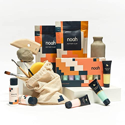noah Pottery Kit for Beginners - Set Includes Air Dry Clay, Tool Kit and Acrylic Paints - Craft Set (White Clay/Pastel Paint)