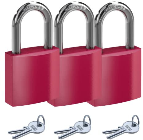 BASI | Vorhangschloss bunt im 3er Set | Farbe Rot | verschiedenschließend | 38 mm | Aluminium-Gehäuse | gehärteter Stahlbügel | sicheres Vorhängeschloss | 3 Stück