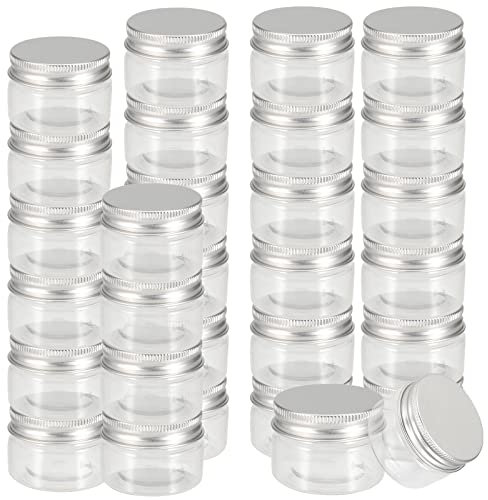 SEUNMUK 30 Pack 1oz/30ml Column Clear Plastic Jars Small Portable Empty Storage Containers Jars with Aluminum Screw Lid, Small Plastic Sample Jar for Cream, Glitter, Slime, 35mm x 50mm