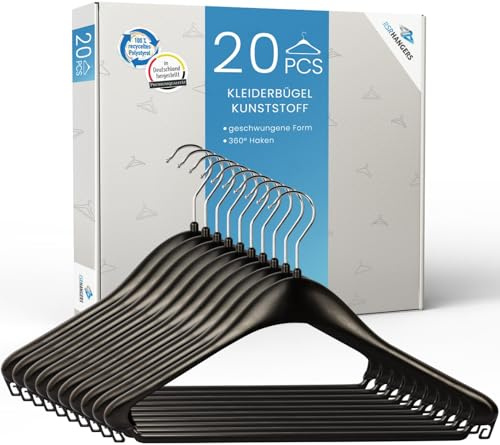 RSR Hangers Kleiderbügel aus Kunststoff 20 Stück F 44 cm schwarz | Jackenbügel | Sakkobügel | Hemdenbügel | 360° drehbarer Haken | mit Hosensteg und Rockhäckchen