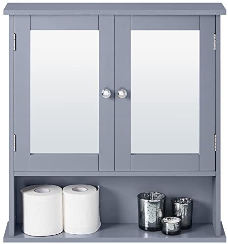 Yaheetech Armoire Murale de Salle de Bain, Placard de Rangement Toilettes 3 Niveaux, Étagères à Hauteur Réglable, 2 Portes et Miroirs, 56 × 13 × 58 cm Gris