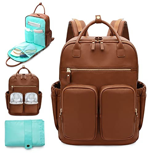 MOMINSIDE Wickeltasche Rucksack, Leder Rucksack mit 18 Taschen für Mama Papa, Reise Baby Tasche für Mädchen Jungen, große nasse Tasche, 4 isolierte Taschen, Wickelunterlage, Kinderwagengurte, Braun
