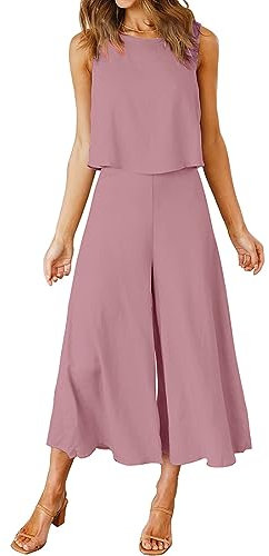 FANCYINN Combinaisons 2 pièces pour femmes - Chemise longue basique Pantalon taille haute Combinaisons Rose cerise intense XS
