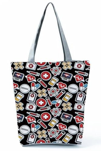 INN Bolso de enfermera de lona de algodón, bolsa de la compra, bolsa de tela, bolsa de enfermería con estampados de dibujos motivos salud (Negro)