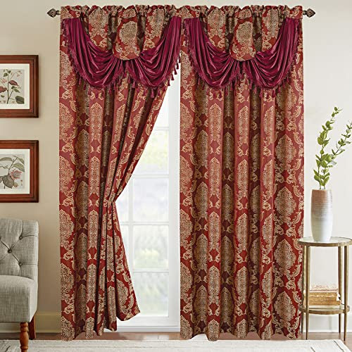 Elegant Comfort Jacquard Look Vorhang-Set mit angenähtem Wasserfall-Volant, (2 Stück), 137 x 213 cm, Burgunderrot/Gold