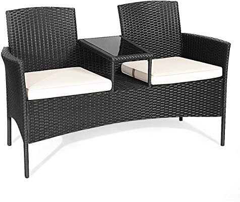 COSTWAY Polyrattan Gartenbank, 2-Sitzer Gartenmöbel Set mit Tisch & Kissen, 138 x 61 x 85 cm, Rattan Sitzbank wetterfest, Balkonmöbel für Garten, Balkon (Weiß)