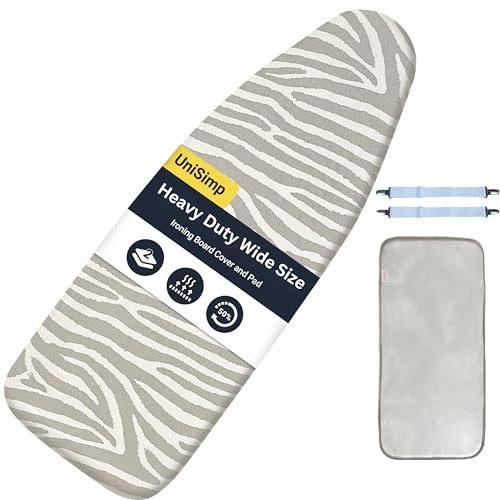 UniSimp® Ironing Board Cover and Pad Up To 125x45 cm, Extra Wide, 100% Heat Resistance Natural Cotton, Extra Thick Padding, Nose Pocket Smart Fit, Chemical-Free, Machine Washable (Zebra Print)