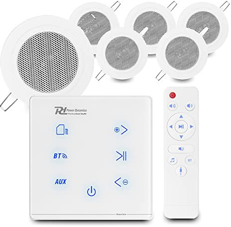 Power Dynamics Bluetooth Ceiling Speaker System, Compact Kitchen Audio Kit with In-Wall Amplifier, 6x Small 3-Inch CSBA3L Speakers and 40m Cable for Home Installation