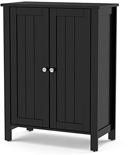 Multigot Bathroom Floor Cabinet, Wooden Freestanding Cupboard with 3-Position Adjustable Shelf and Double Door, Slim Storage Organizer Unit for Bathroom Living Room Hallway (60 x 30 x 80cm, Black)