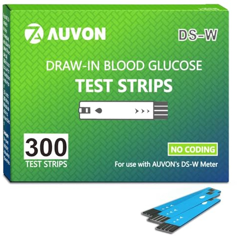 AUVON DS-W Draw-in Blood Glucose Test Strips for use with AUVON DS-W Diabetes Sugar Testing Meter (No Coding Required, 300 Count)