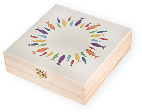 Logbuch-Verlag Erinnerungskiste Kommunion Konfirmation aus Holz - Erinnerungsbox mit Verschluss Fische bunt 18,5 x 18,5 cm