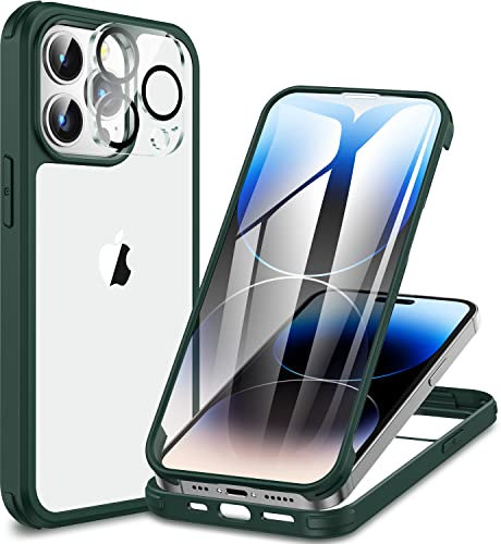 CENHUFO Compatible with iPhone 14 Pro Case Built-in Glass Screen Protector with Camera Lens Protector, 360°Full Body Heavy Duty Protective Phone Case for iPhone 14 Pro case Shockproof -Green