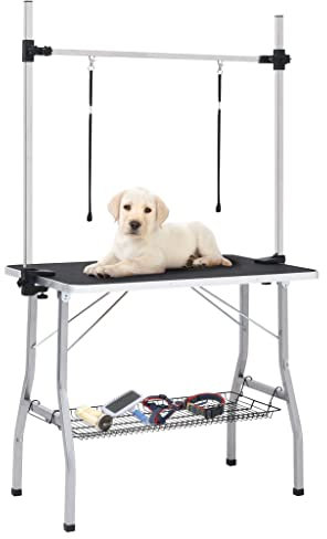 INLIFE Verstellbarer Trimmtisch für Hunde mit 2 Schlaufen und Korb,15.85kg,171069