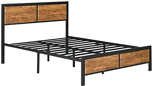 HOMCOM Industrial Double Bed Frame, 5FT Steel Bed Base with Headboard, Footboard, Slatted Support and Under Bed Storage, 147 x 197cm, Rustic Brown