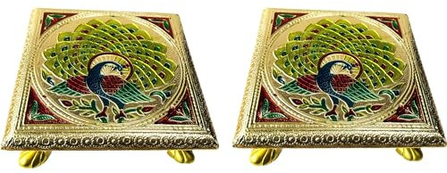 AARNAV 6 x 6 Handcrafted Low Table Bajath Bajot Chowki For God Temple or Lamp or Vase or Hindu Puja Table | Oxidised Copper Table or Brass Minakari Table (2 X Brass Minakari 6x6)