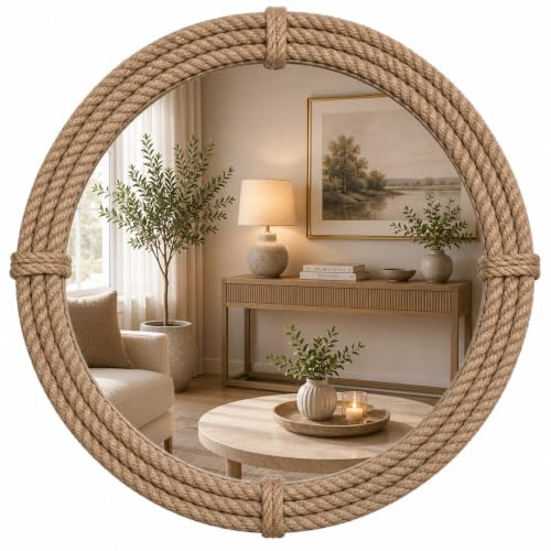 Home Dress Miroir Mural Rond en Jute décoratif Mural sur Le thème Nautique, Miroir Rustique en Corde avec Boucle de Suspension, Design Nautique Vintage fabriqué à la Main, Marron (18 inch)