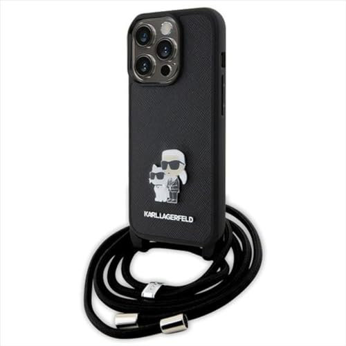 Karl Lagerfeld KLHCP15XSAKCPSK Hülle für iPhone 15 Pro Max 6.7 hardcase Schwarz Crossbody Saffiano Metal Pin Karl & Choupette