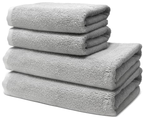 4 er Set Handtücher | 2 Badetücher 70x140 cm + 2 Handtücher 50x100 cm | Frottee Weich & Flauschig | 100% Baumwolle | Frottier Duschtuch Badetuch Badehandtuch | 500g/m² | Oeko-Tex | Ôhm | Hellgrau