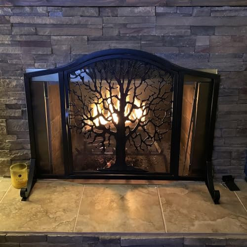 Fire Place Screen Flat Spark Guard Cover with Door, Black Durable Metal Fireplace Fence for Wood Burning Stove, Stand Alone Fire Place Screens, 96cm X 78cm