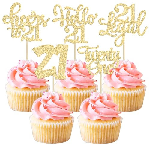 Gyufise 30Pcs 21st Birthday Cupcake Toppers - 24 Assorted Designs - Gold Glitter