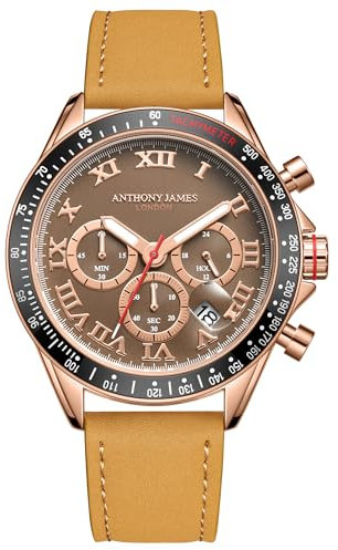 Anthony James Tachymeter Chrono-Armbanduhren für Herren – Rückseite aus Stahl, Analog, Armband aus Edelstahl, handmontiert, Wasser- und Kratzfeste Herrenuhr – (Goldbraun)