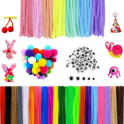 Annickee 300 Stück Pfeifenputzer zum Basteln, 27 Farben Pfeifenreiniger | 30CM Bunt Pfeifenreiniger Chenilledraht mit 150 Kulleraugen und 60 Pompons, für Kreative DIY-Projekte und Bastel Dekorieren