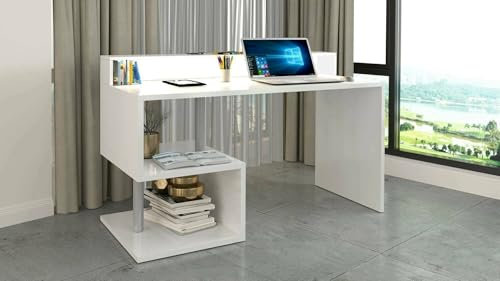 Dmora - Schreibtisch Alain, Linearer Schreibtisch mit Ablagefächern und LED-Leuchten, Mehrzweck-Büroschreibtisch mit Platte, 140x60h93 cm, Weiß