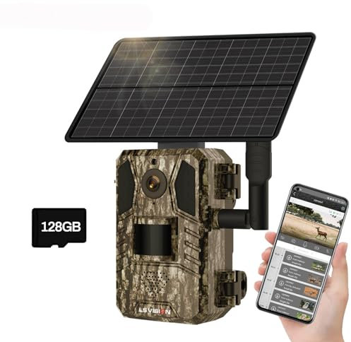 4G LTE Solar Wildkamera, 4MP 15fps Solar Wildtierkamera mit Handyübertragung App,PIR Bewegungsmelder, 90°Erfassungs Winkel Bewegungsmelder IP66 Wasserdicht für Wildtierbeobachtung (Wildkamera+128G)