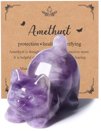 JSDDE Amethyst Crystal Cat Figurine for Cat Lovers Cute Gemstone Cats Ornaments for Home Office Statue Gifts