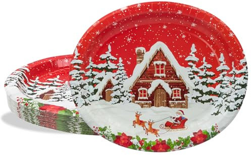 BFB Christmas Party Oval Paper Plates Set 24 Pieces Large Buffet Plates Red Disposable Tableware Party Supplies, Snowhouse in Winter