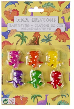 DUCKIEZ 6 Stück Wachsmalstifte in Dinosaurier-Form, Farben: Rosa, Orange, Gelb, Lila, Grün und Rot.
