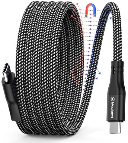 Magtame Magnetic USB C Cable - 1M Retractable Coiled Cord, 60W(3A) Fast Charging, Nylon Braided, Compatible With iPhone 15, Samsung, Pad, USB C Devices - Black