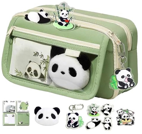 Niedliches Panda Federmäppchen für die Schule - Leaff Bambus-Etui Mit 3 Fächer Federtasche Schreibwarenbeutel
