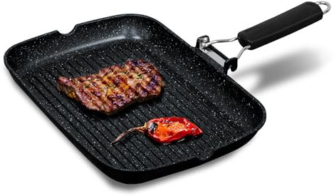 briebe Black Titanium Grill Stripe Rotisserie Induction, Non-stick Titanium, Frying Pan 34 x 24 cm Cast Aluminium without PFOA, Folding Handle, Suitable for Glass-Ceramic, Gas