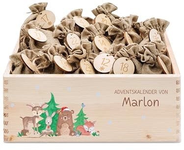 wunderwunsch® - Personalisierter Adventskalender zum selber befüllen - Adventskiste Holz mit kinderfreundlichem Druck - mit Juteschnur Jutesäckchen und Holzzahlen (klein | 30x20x13cm)