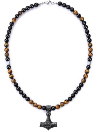 PiercingJak Collier Homme Viking Pendentif Marteau de Thor 8mm Perles Obsidienne Oeil de Tigre Hématite Chaîne de Pierres Précieuses Bijoux Amulette Cadeau pour Homme Femme