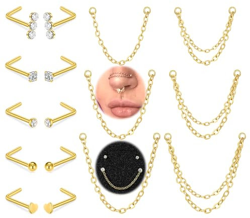 VFUN 20g Nasenring Chirurgenstahl Nasenstecker L Form Piericng Nase Kubischer Zirkon Labret Piercing Nasenpiercing Schmuck Mit Kette Für Frauen Männer