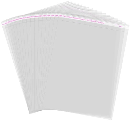 A3 Cellophane Bags Pack of 100, 12 x 17 Inch Clear Cellophane Sweet Cookie Bags, Food Safe, Seal Clear Self-Adhesive OPP Display Sealable Bags for Cookies, Sweets, Envelopes, Gifts, Cards, Pictures