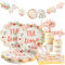 Easy Joy 97Pcs Afternoon Tea Party Tableware Set Garden Floral Party Paper Tableware Pastel Flower Paper Plates Cups Napkins Hanging Tea Cup Banner Garland for Birthday Tea Party Decor Serve 20 Guests