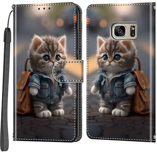 Salanheo Coque pour Samsung Galaxy S7, Housse en Cuir PU Etui à Rabat Pochette de Antichoc Portefeuille avec Fentes pour Cartes Fonction Support Chat