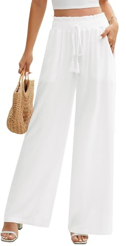 PASUDA Leinenhose Damen Sommer Hosen Leicht Weite Bein Elegante Palazzo Hose Elastisch Taille Dehnbar Casual Sommerhose Lockere Geschnitten Luftige Strandhose Freizeithose mit Taschen