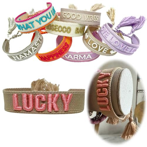 LS-LebenStil Exklusives Statement Armband - das Original - Quasten besticktes Boho Canvas Webarmband Damen Freundschaftsarmband Boho gewebt textiles Stoffarmband 16-20mm (Lucky Beige Rosa)